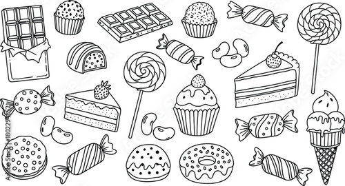 Hand-drawn doodle set of chocolates, candies, cakes, and sweet treats, simple line art