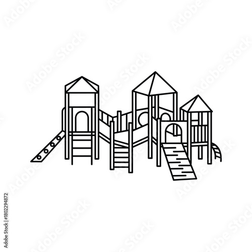 Line art illustration of a children's playground structure, featuring multiple slides, stairs, and platforms for recreation.