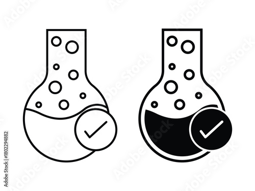 lab flask and check mark symbolizing lab tested vector icon set. lab tested with flask and checkmark icon.