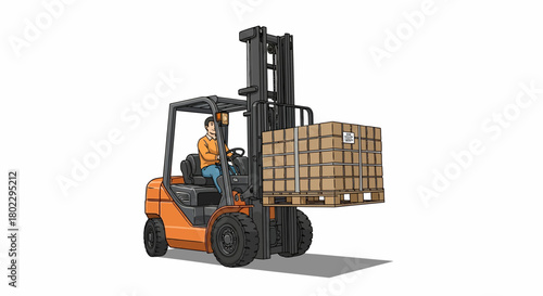 Forklift lifting pallet in dynamic industrial setting with operator in safety gear