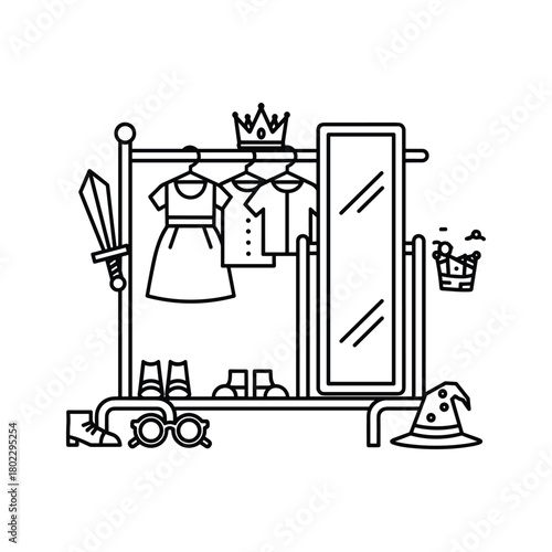 Costume wardrobe icon featuring various outfits and accessories for dress-up and imaginative role-playing