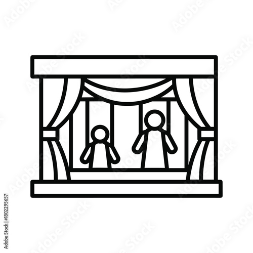 Line art icon of a classic puppet theater stage with two abstract figures performing on a minimalist set design