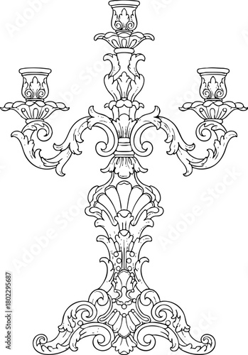 Ornate three-arm candelabra line art antique design