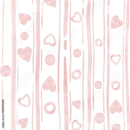 Watercolor seamless pattern of pink hearts, circles and vertical stripes. Abstract hand-drawn drawing for printing on fabric, wrapping paper, other backgrounds. Simple watercolor drawings in pale pink