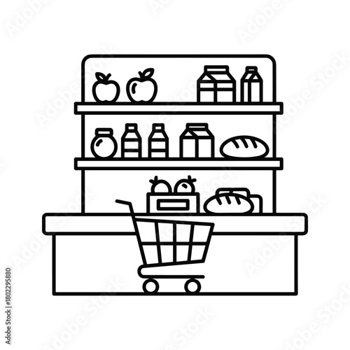 Outline illustration of supermarket shelves stocked with essential groceries, alongside a customer shopping cart.