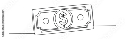 Money Bill Outline Drawing with Dollar Sign in Continuous Line on White Background