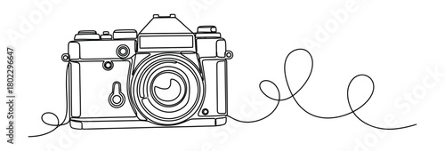 One Line Art Drawing of Classic Camera with Continuous Outline on White