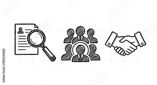 Hand-drawn style business icons: resume review, teamwork, partnership