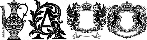 Ornate heraldic emblems and decorative ornate vase design elements
