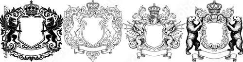 Ornate Heraldic Crests with Mythical Creatures and Animals