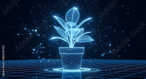 Digital blue light wireframe model of a potted houseplant sitting on a glowing grid floor surrounded by network connections. Futuristic botany, biotechnology, and digital environment concept.