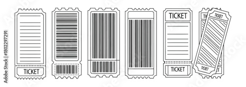 Outline tickets set with barcode, blank space, and diagonal stripes on white