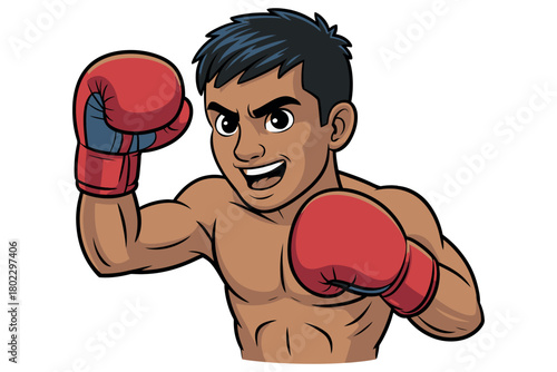 A cartoon boxer with red gloves stands ready to fight, showing determination and strength.