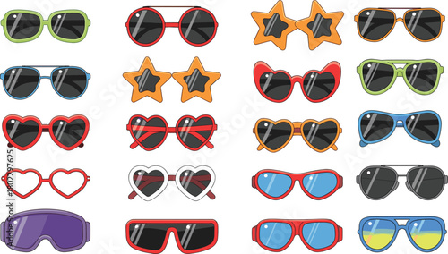 Colorful cartoon sunglasses vector set with various shapes, stylish eyewear collection, summer accessories illustration, fun fashion glasses icons for design projects