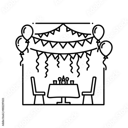 Celebration party event setting outline icon with balloons, banner flags, table, and chairs for festive occasions.