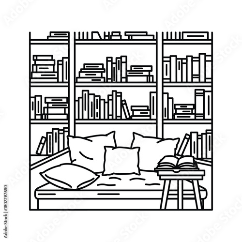 Cozy reading nook illustration with a bookshelf, daybed, pillows, and an open book for quiet study and relaxation.