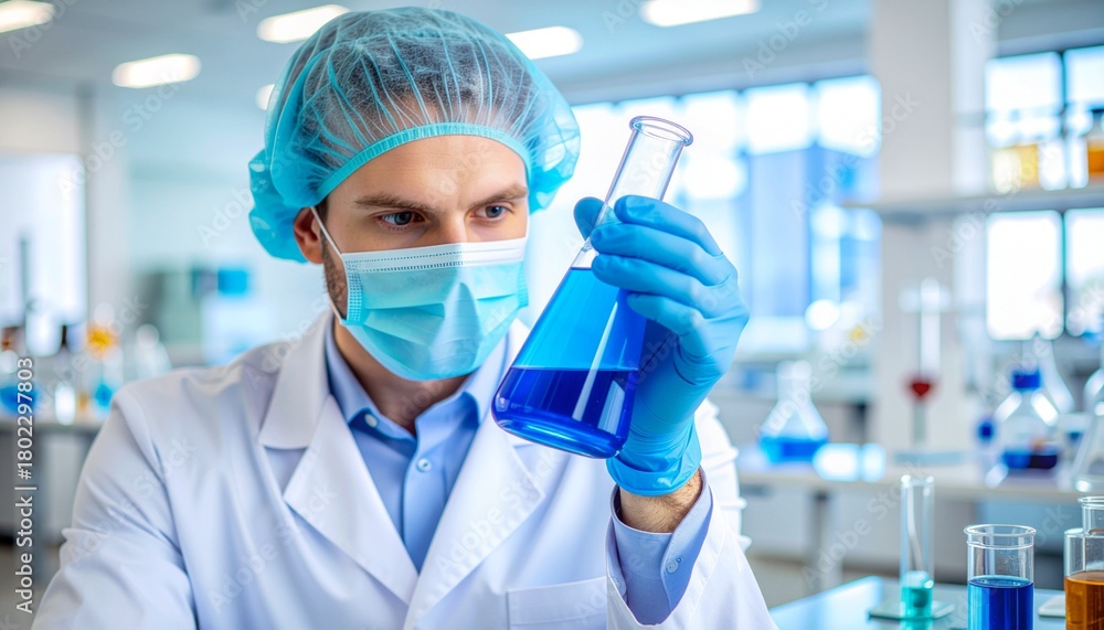 Fototapeta premium Realistic Laboratory Scientist Analyzing Blue Chemical Sample for Biotechnology and Pharmaceutical Innovation