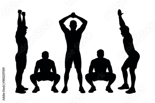 Silhouettes of individuals performing a group exercise routine with various movements.