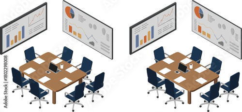 Isometric illustration of two identical conference rooms with meeting tables, chairs, laptops, and business presentation charts on walls