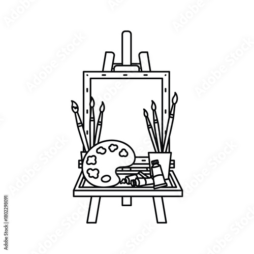 Art studio supplies: easel, blank canvas, brushes, palette, and paint tubes line art illustration isolated