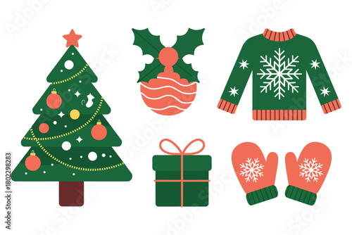 A festive collection of Christmas-themed elements includes a tree, gift, sweater, and mittens.