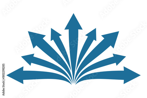 Multiple blue arrows fan out from a central point in different directions.