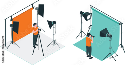 Isometric illustration of two professional photographers working in studio with lighting equipment, tripods, and colorful backdrops for photo shoot