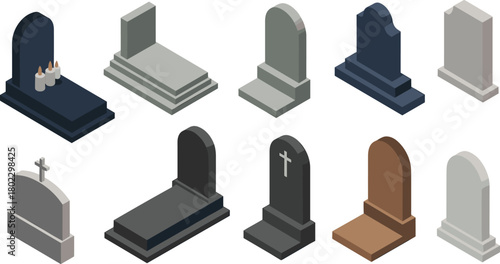 Isometric illustration of various gravestones and tombstones with candles, cross monument, cemetery design, burial memorial, graveyard architecture concept