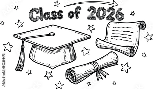 Graduation doodle set—graduation cap, diploma, scroll, stars, and Class of 2026 text, sketch vector