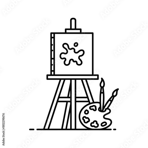 Line art illustration of painting easel, canvas with paint splat, artist palette, and brushes, creative supplies art icon.