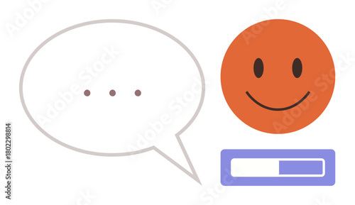 Speech bubble with ellipsis, orange happy face, and progress bar representing communication, feedback, positivity, evaluation, update, collaboration and progress. Ideal for teamwork user interface