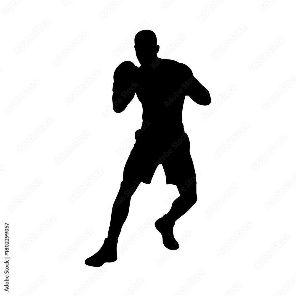 Naklejka premium Silhouette of a male boxer in fighting stance with fists raised ready for combat