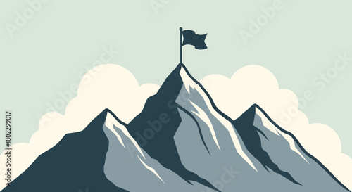 Minimalist mountain peak with flag and clouds in soft tones