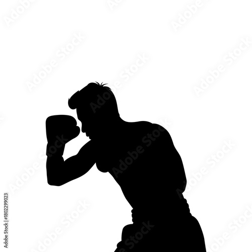 Silhouette of a male boxer in a defensive stance with gloved fists raised against a stark white background