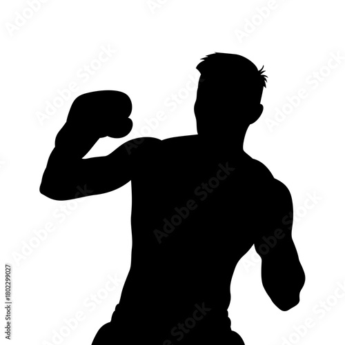 Silhouette of a muscular man wearing boxing gloves in a fighting stance against a white background
