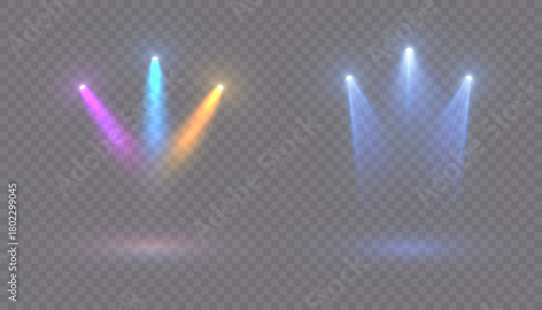 Bright stage spotlights with a soft, transparent beam create sharp, directional cones of light with a subtle haze. Dynamic lighting elements for concert visuals, event staging, and lighting overlays.