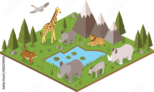 Isometric illustration of wildlife animals in natural habitat with forest trees, mountains,