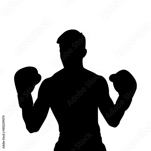 Silhouette of a male boxer wearing gloves in a fighting stance against a white background
