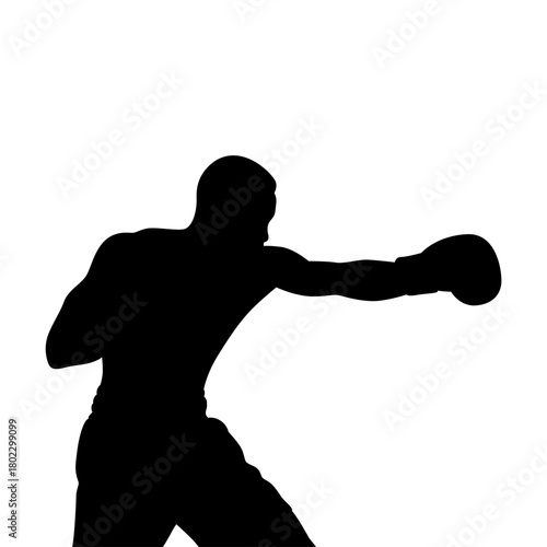 Silhouette of a male boxer throwing a punch in a dynamic fighting stance against a white background