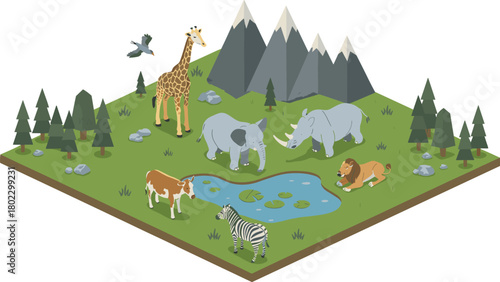 Isometric illustration of wildlife animals in natural habitat with forest trees, mountains,