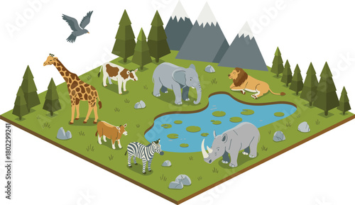 Isometric illustration of wildlife animals in natural habitat with forest trees, mountains,