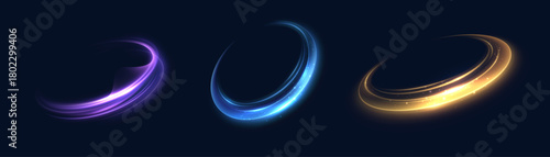 Glowing, swirling energy rings of purple, blue, and gold with smooth rays in a circular trajectory. Bright circular light effects on a dark background. Vector