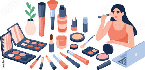Isometric illustration of woman applying makeup with beauty products, cosmetics, brushes, lipsticks, and laptop on dressing table