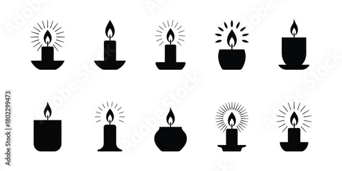 candle silhouette icon. set of candle icon. candle icon. Collection of ten black and white silhouette illustrations of lit candles in various shapes and sizes on a white background