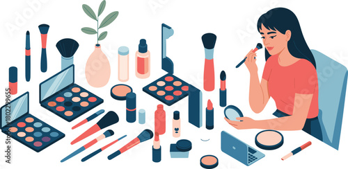 Isometric illustration of woman applying makeup with beauty products, cosmetics, brushes, lipsticks, and laptop on dressing table