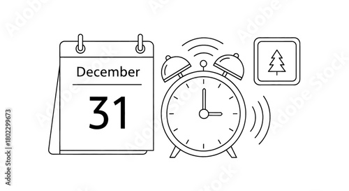 New Year's Eve countdown with ringing alarm clock and calendar marking December 31st.