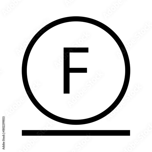 An underlined circle with the letter F inside. Delicate dry cleaning with hydrocarbons. Information on the garment label. Warning sign. Marking.
