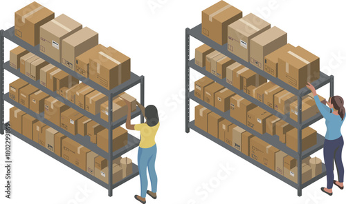 Isometric illustration of women organizing boxes on warehouse shelves, concept of inventory management, logistics, supply chain, and storage system