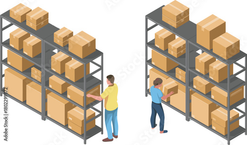 Isometric illustration of women organizing boxes on warehouse shelves, concept of inventory management, logistics, supply chain, and storage system