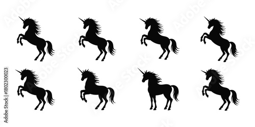 set of unicorn icon. unicorn icon set. unicorn silhouette icon. Collection of eight black unicorn silhouettes in various dynamic rearing and prancing poses against a white background